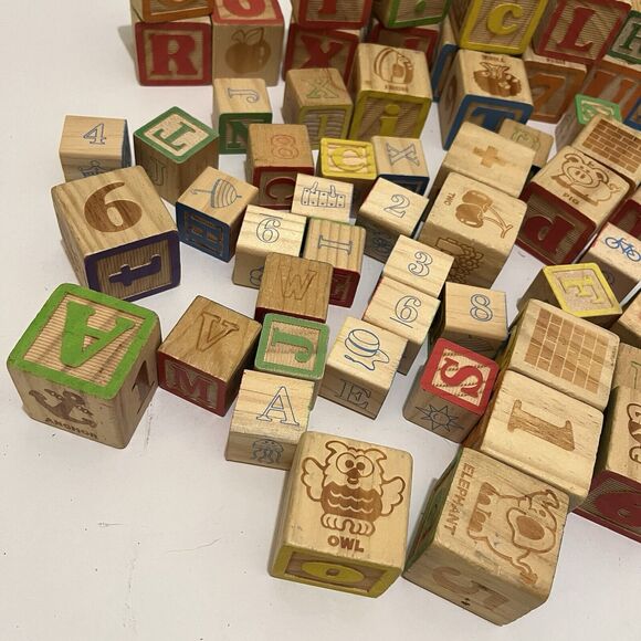 Lot of 73 Wooden Wood Toy Alphabet Letter Number Blocks Colorful Various Sizes - Picture 6 of 6